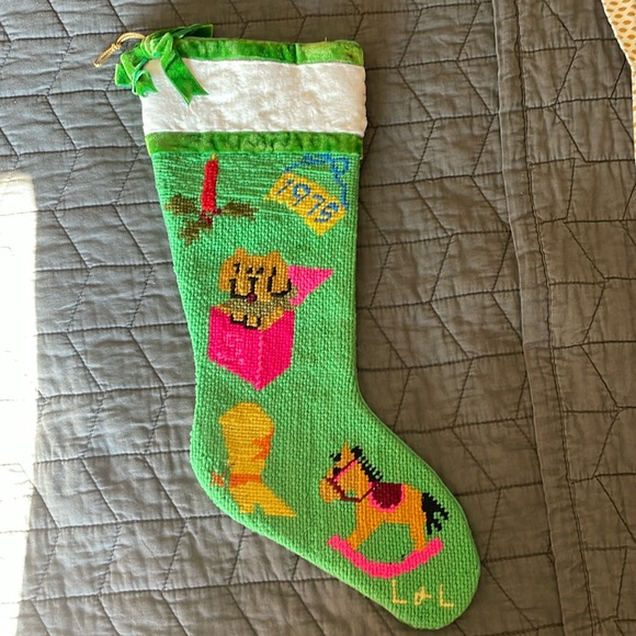 VINTAGE 70s Handmade Christmas stocking needlepoint signed cowboy puppy horse - Picture 1 of 10